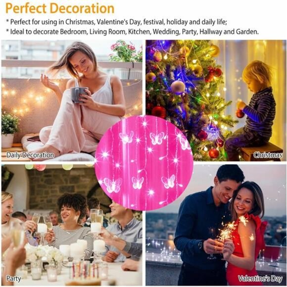 USB Powered String Light 13FT 96LED Curtain Light 16 Butterflies Strings 8 Mode - Picture 5 of 8